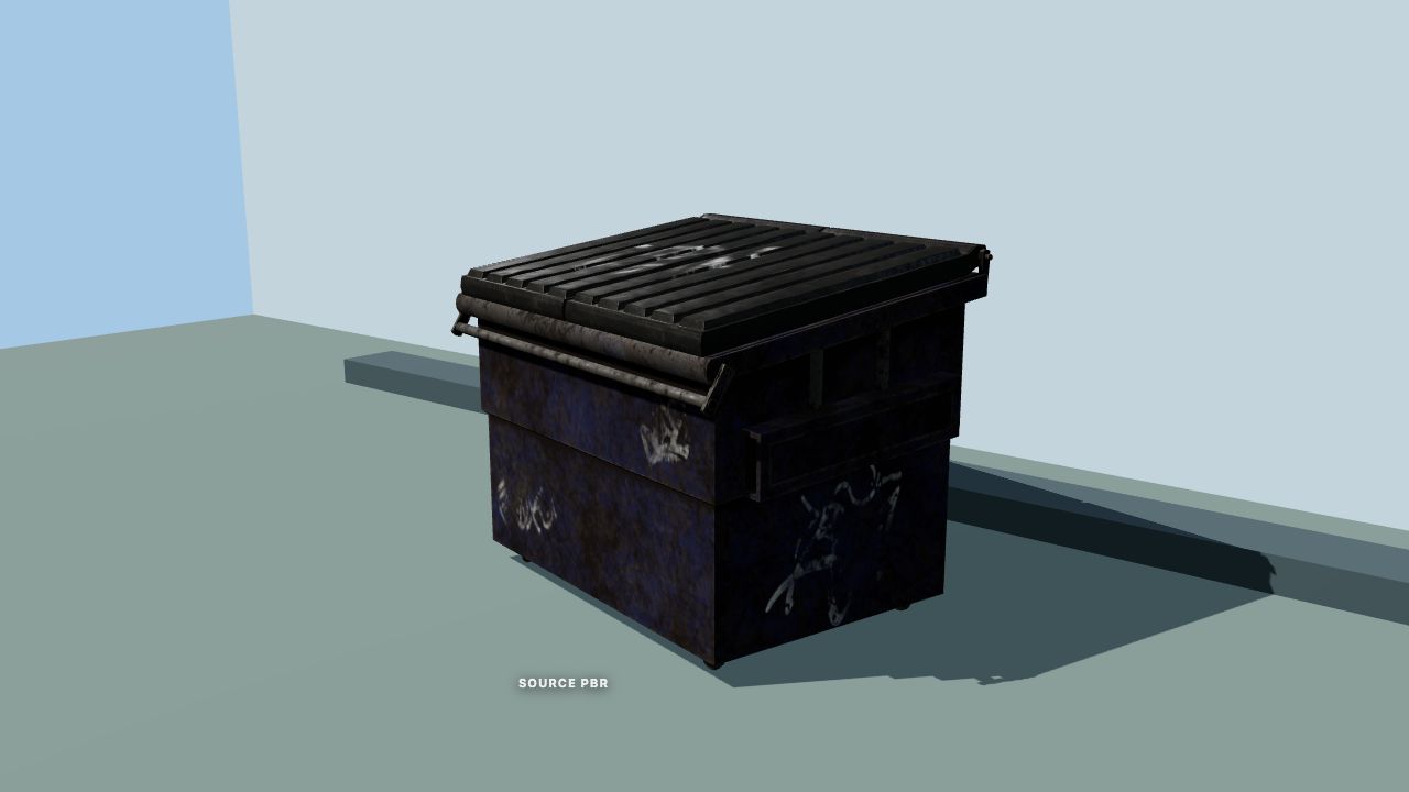 Purple dumpster before and after the Call Me Sensei ToonLab manufactured-material treatment — before