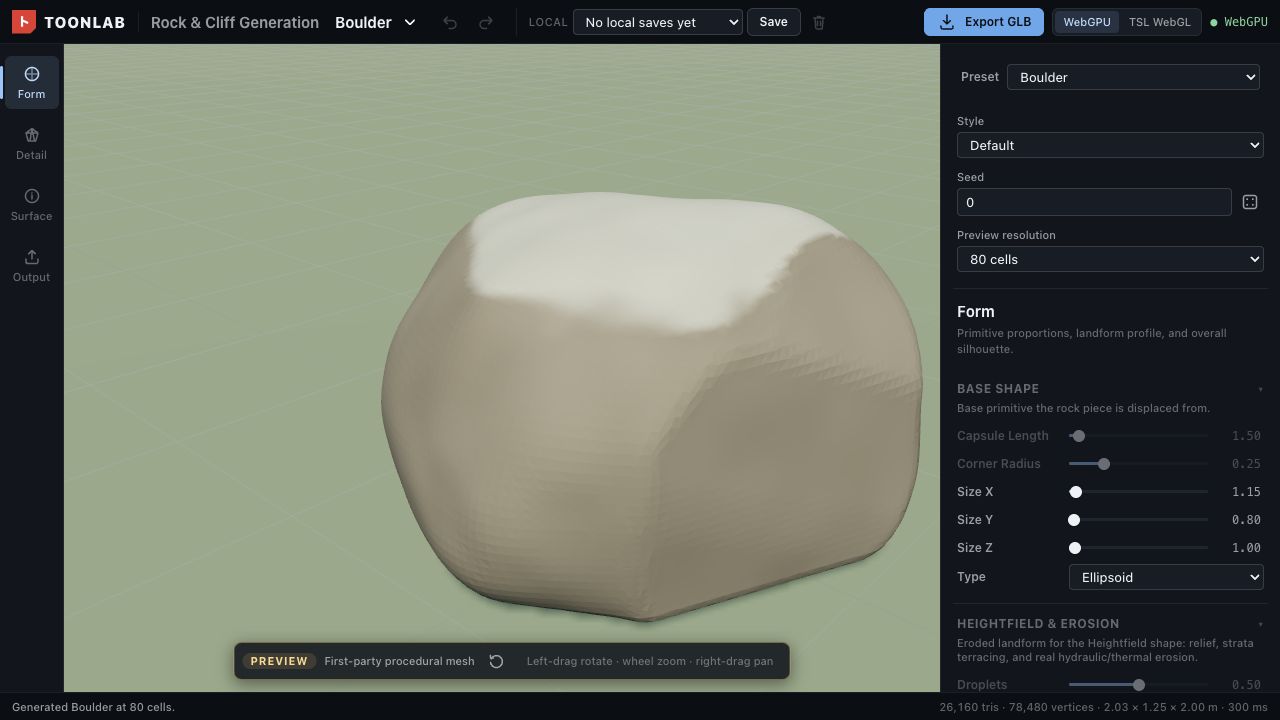 Rock & Cliff Generation Lab — live screenshot